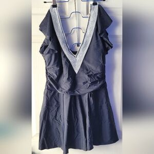 Women's Black Swimsuit Cover-Up Dress with White Lace Detail